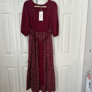 BloomChic Burgundy Long Sleeve Dress with Polka Dot Skirt